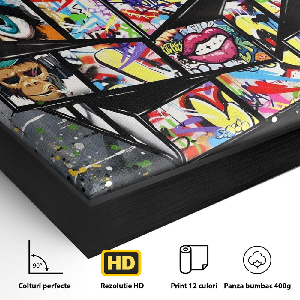 Detaliu al suprafetei: tablou canvas cu cub rubik graffiti, in rama de aluminiu negru